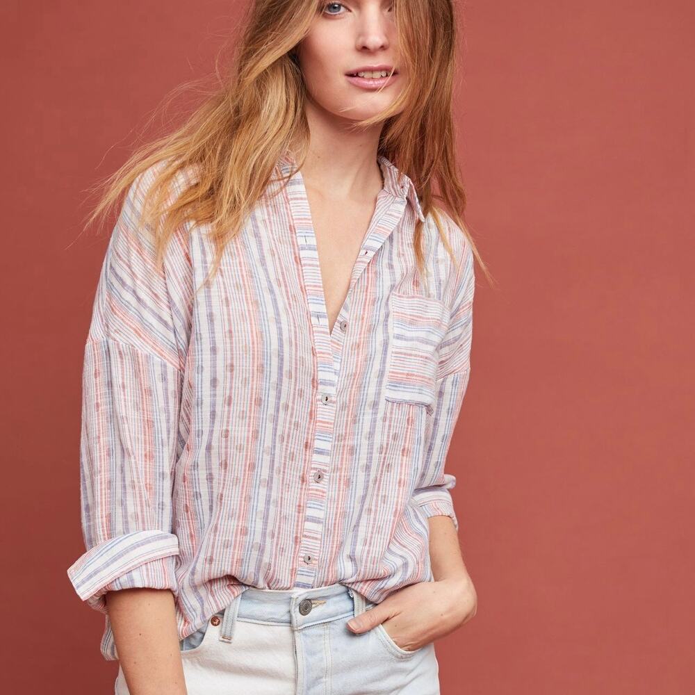 Anthropologie Maeve Womens Breckenridge Top SZ S Striped Button Down Relaxed